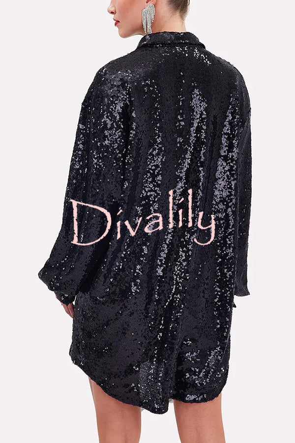 Solid Color Sequined Long-sleeved Casual Mid-length Loose Shirt