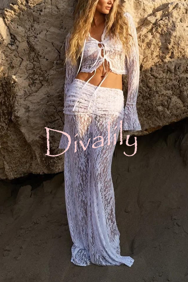 Sexy Lace Long-sleeve Lace-up Top and Pleated Sheer Maxi Skirt Set