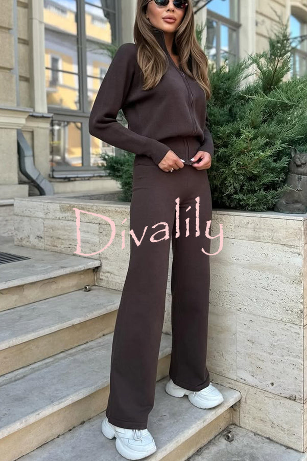 Cozycore Knit Zipper Long Sleeve Cardigan and Stretch Wide Leg Pants Set