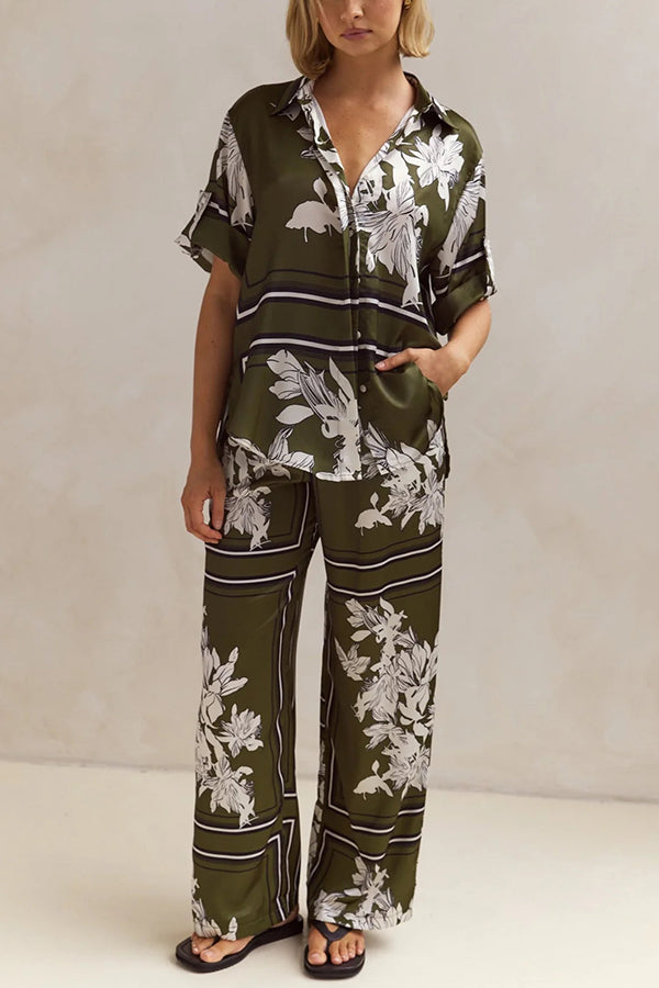 Fashionable Plant Print Loose Lapel Short Sleeve Shirt and Casual Elastic Waist Pocket Pants Set