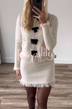 Fashion Round Neck Long Sleeve Bow-decorated Pocket Knitted Jacket