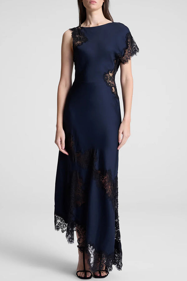 Paris Dream Satin Lace Trim Irregular Design Drape Maxi Dress
