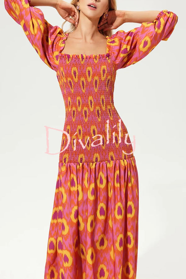 Venita Unique Printed Off Shoulder Balloon Sleeve Smocked Midi Dress