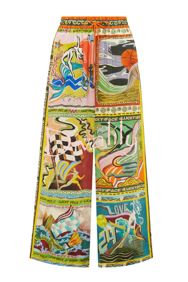 Unique Printed Lapel Short-sleeved Loose Shirt and Elastic Waist Tie Wide-leg Pants Set