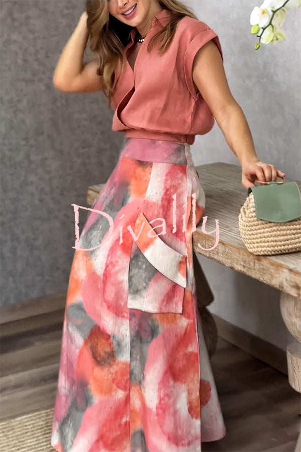 Laylin Wide Sleeve Shirt and Watercolor Print High Waist Drape Pocket Maxi Skirt Set