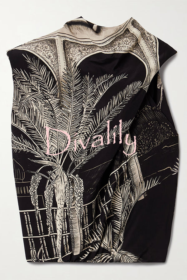 Satin Botanical Print Sleeveless Lounge Top and Midi Skirt Set