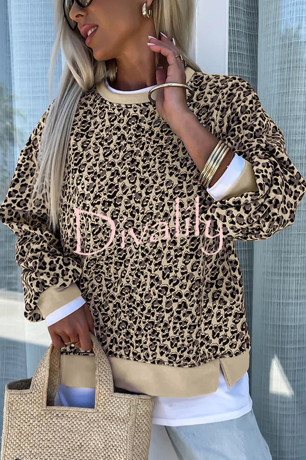 Leopard Print Crew Neck Patchwork Long sleeve Casual Loose Sweatshirt