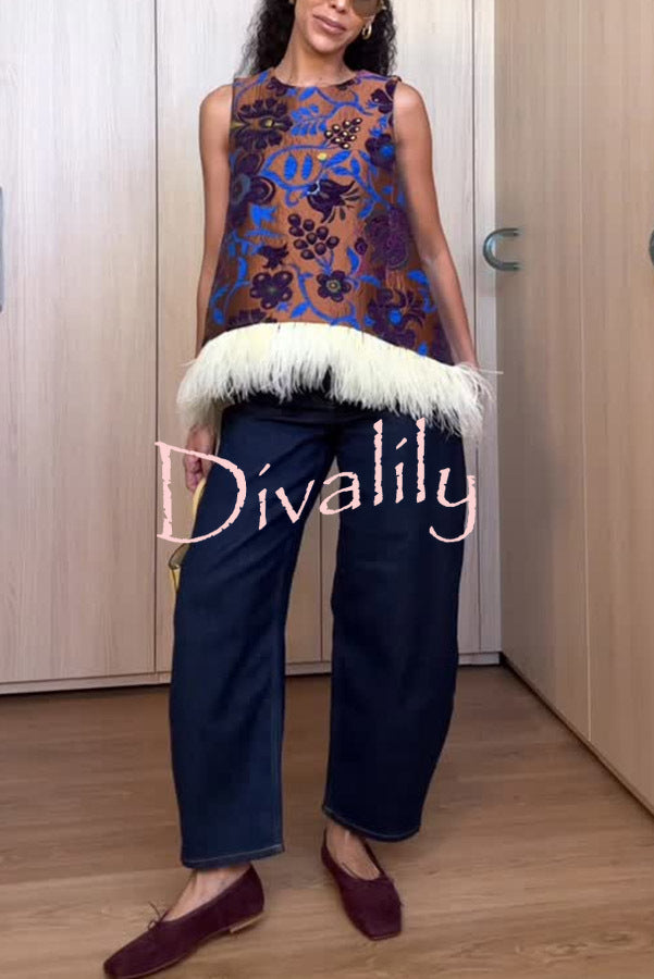 Emina Floral Feather Trim Trapezoidal Silhouette Asymmetrical Hem Top