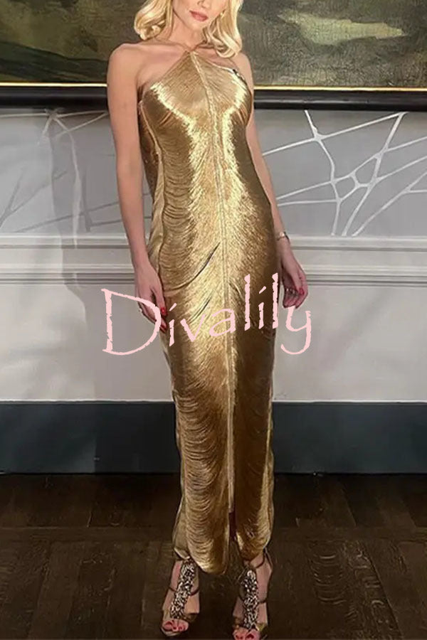 Sexy Allnight Metallic Halterneck Backless Fringed Slit Maxi Dress