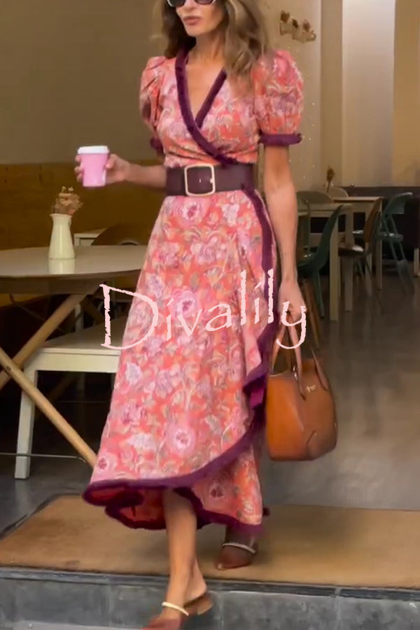 Bohemian Floral Print Elegant Puff Sleeve Holiday Maxi Dress