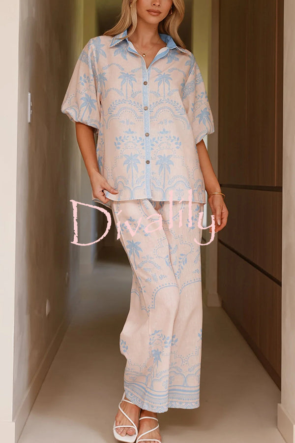 Linen Blend Lapel Puff Sleeve Loose Shirt and Casual Pocket Straight Pants Set