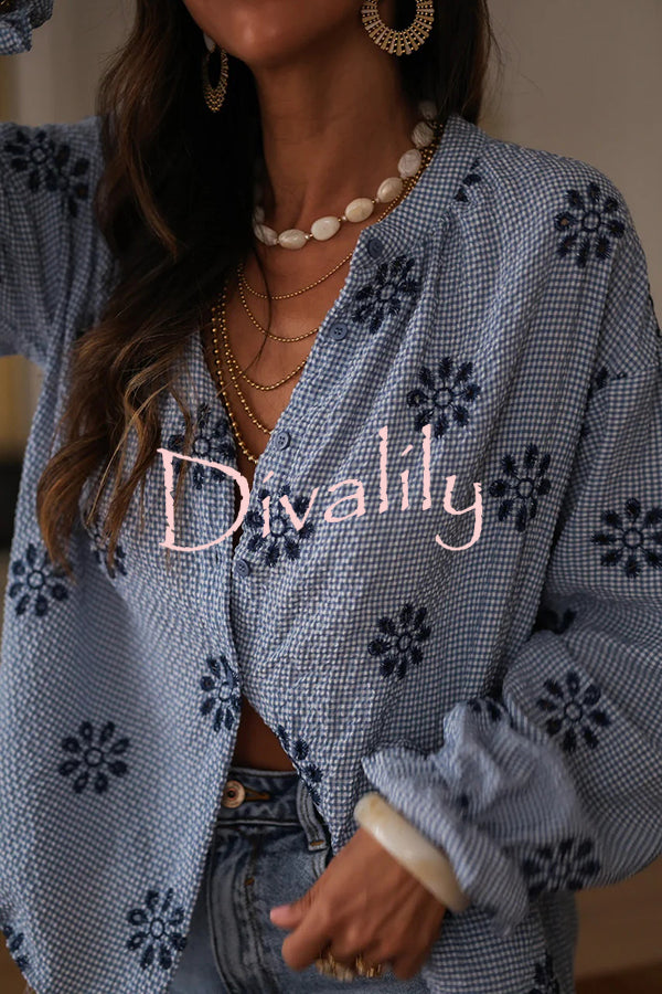 Fashionable Embroidered Floral Casual Long-Sleeved Loose Top