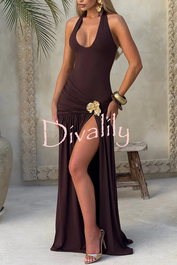 Solid Color Halter Neck Backless Slim Fit Pleated Slit Maxi Dress