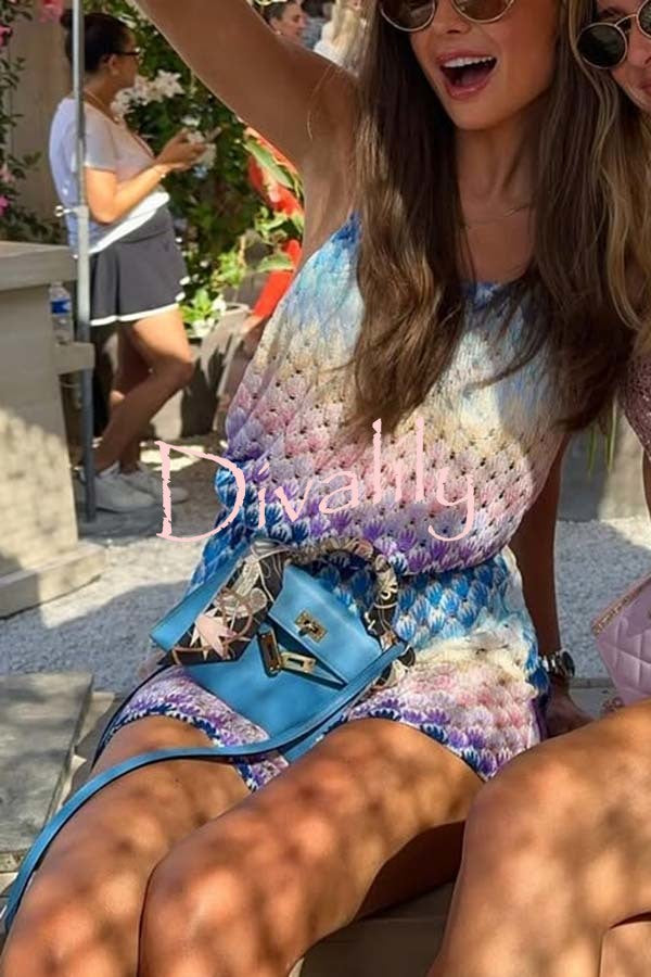 Wave Waves Knit Colorful Zigzag Pattern Halter Neck Backless Loose Romper