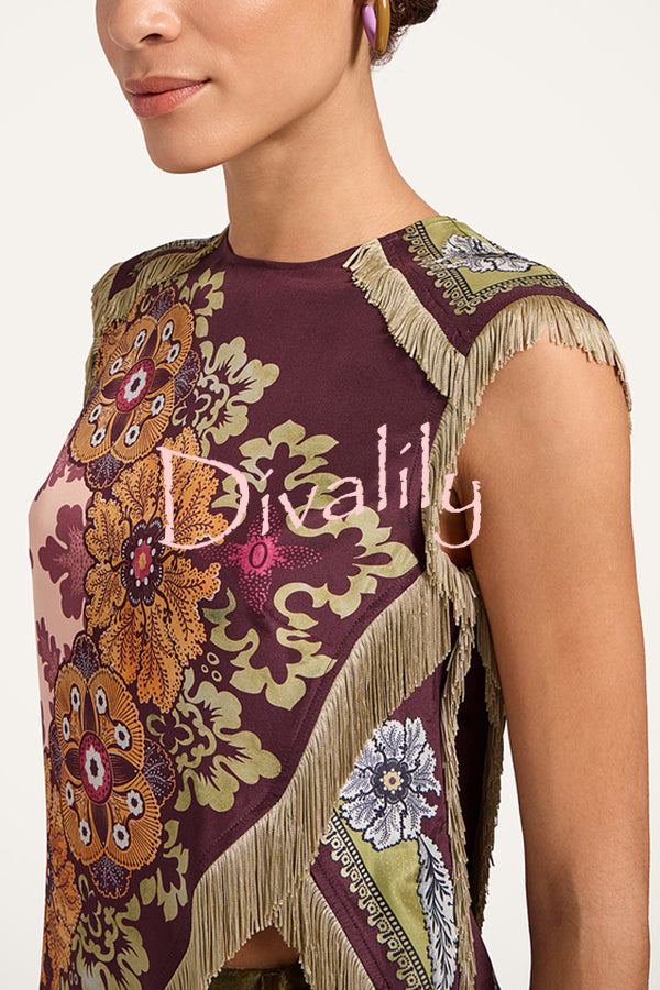 Stunning Floral Print Asymmetric Tassel Trim Scarf Top