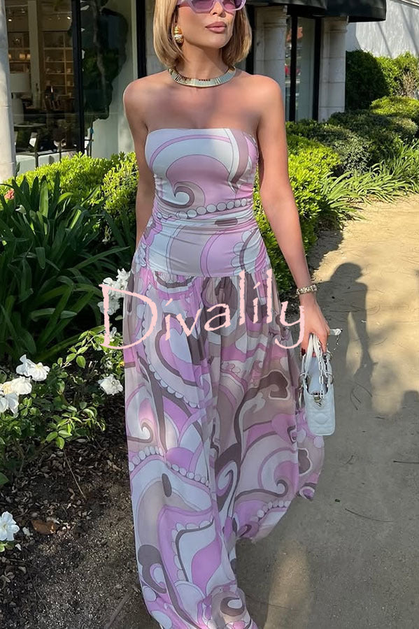 Gorgeous Pastels Unique Print Off Shoulder Low Rise Loose Maxi Dress