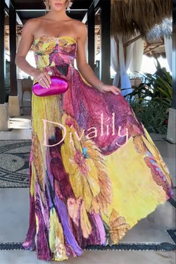 Vibrant and Bold Floral Print Sweetheart Neck Pleated Maxi Dress