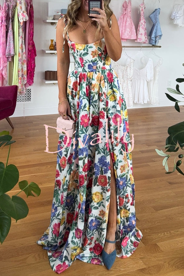 Garden Wedding Floral Print Back Tie-up Pocketed Slit Maxi Dress