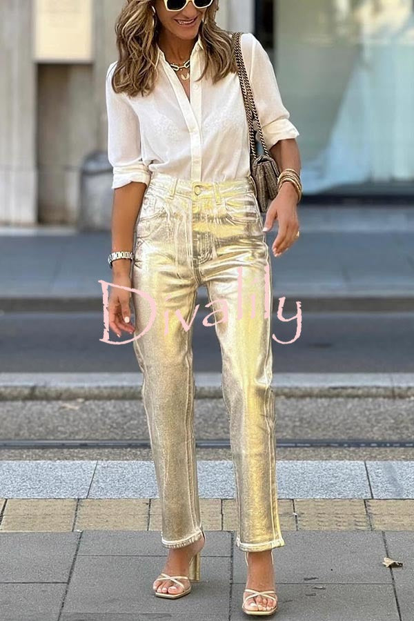 Infinite Ideas Retro Metallic Fabric High Waist Pocketed Straight Pants