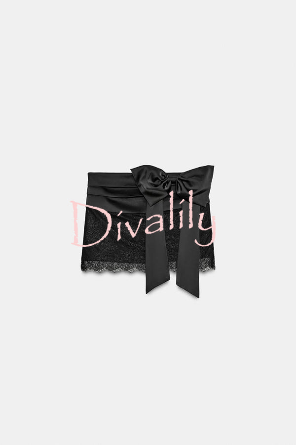 Anna Satin Bow Appliqué Mid Rise Lace Hem Mini Skirt
