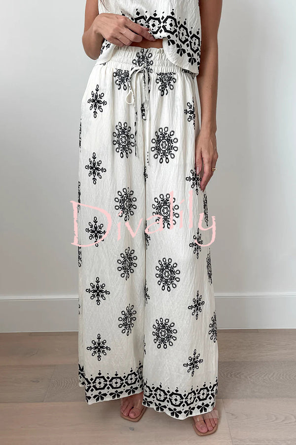 Unique Printed Round Neck Sleeveless Button Top and Elastic Waist Pocket Wide Leg Pants Set