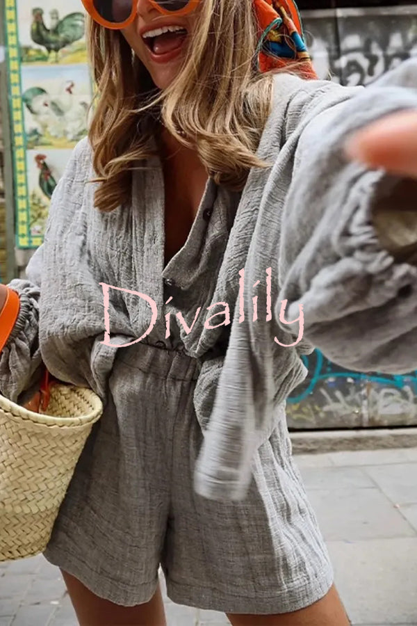 Solid Color Lapel Long Sleeve Loose Shirt and Elastic Waist Casual Pocket Shorts Set