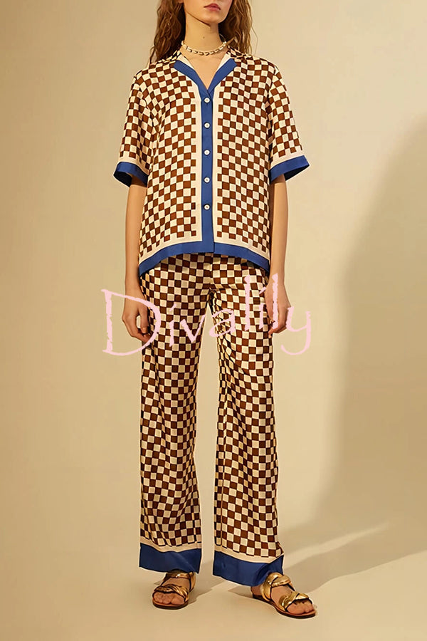 Olivia Satin Checkerboard Colorblock Print Shirt and Elastic Waist Pocketed Loose Pants Set