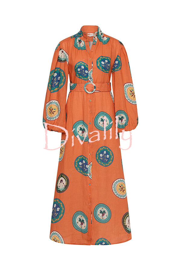 Linen Blend Unique Print Belted Single-breasted Casual Maxi Dress