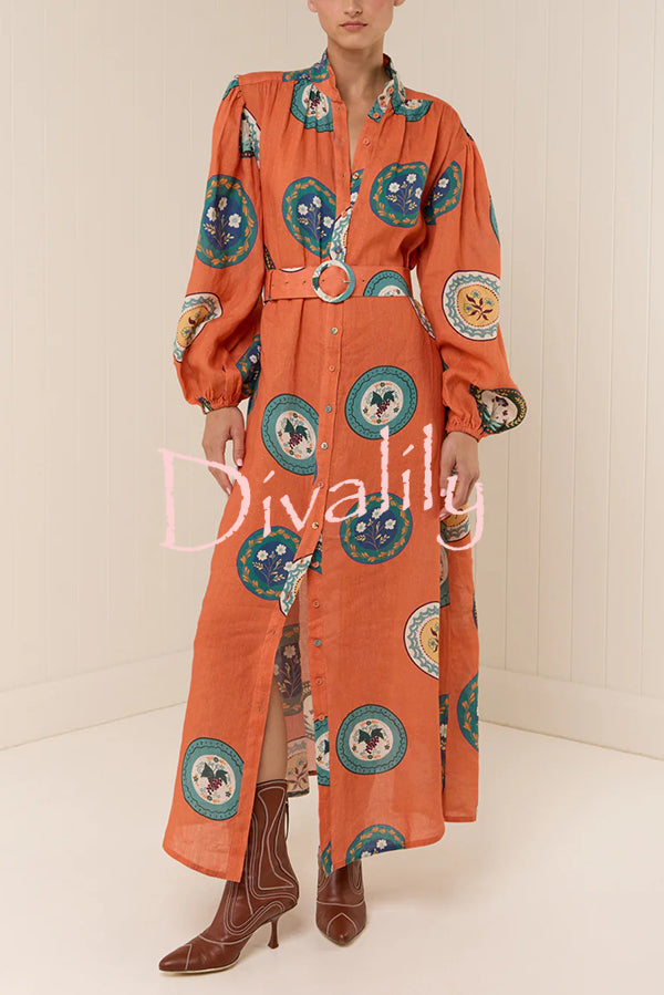 Linen Blend Unique Print Belted Single-breasted Casual Maxi Dress