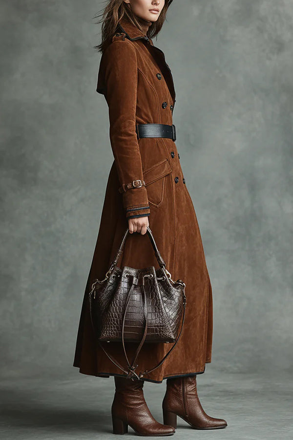 Stylish Suede Lapel Button Casual Pocket Long Trench Coat