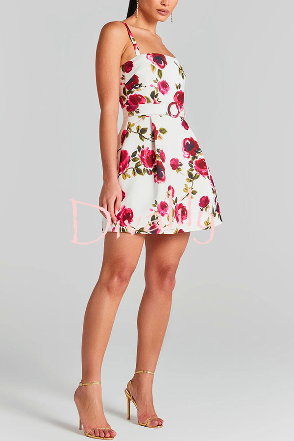 Sweet Blossom Watercolour Rose Print Buckle Belt Pocketed Mini Dress