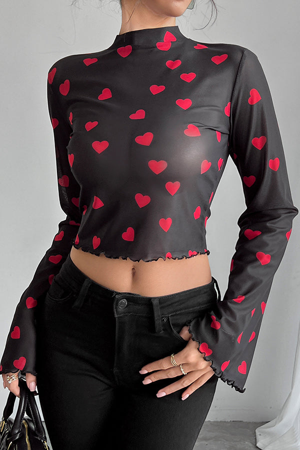 Unique Printed Mesh Trumpet Sleeve Slim Fit Top