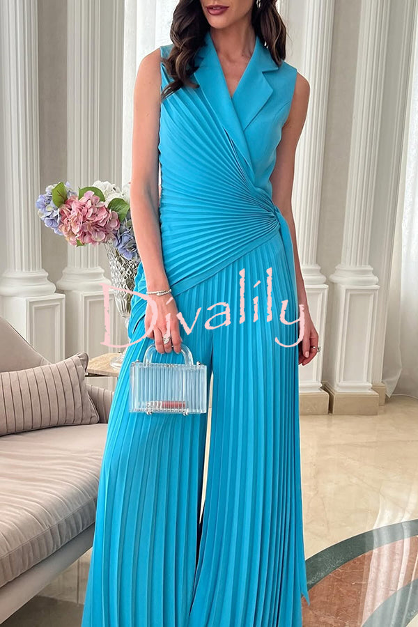 Solid Color Lapel Sleeveless Waist Tie Pleated Wide-leg Jumpsuit