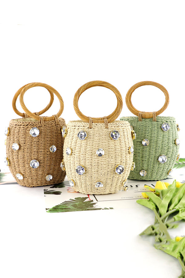 Fashionable Imitation Rhinestone Embellished Casual Barrel Rattan Bag