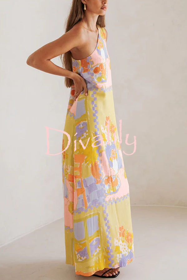 Unique Summer Print One Shoulder Resort Maxi Dress