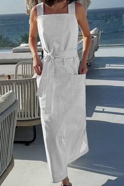 Solid Color Square Neck Open Back Pocket Casual Maxi Dress