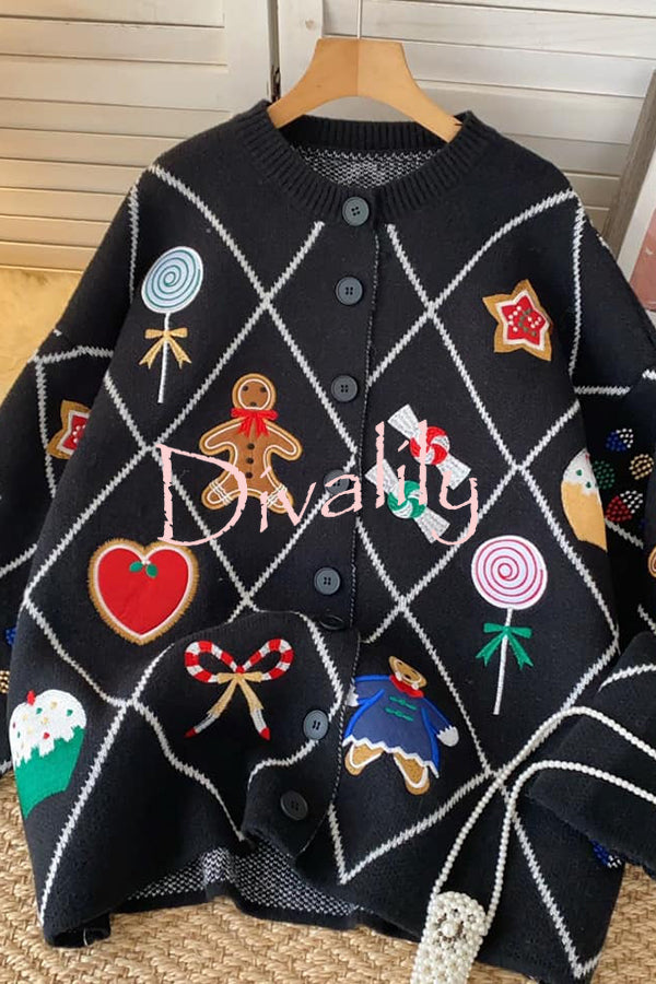 Argyle Candy Gingerbread Man Embroidered Button-knit Cardigan