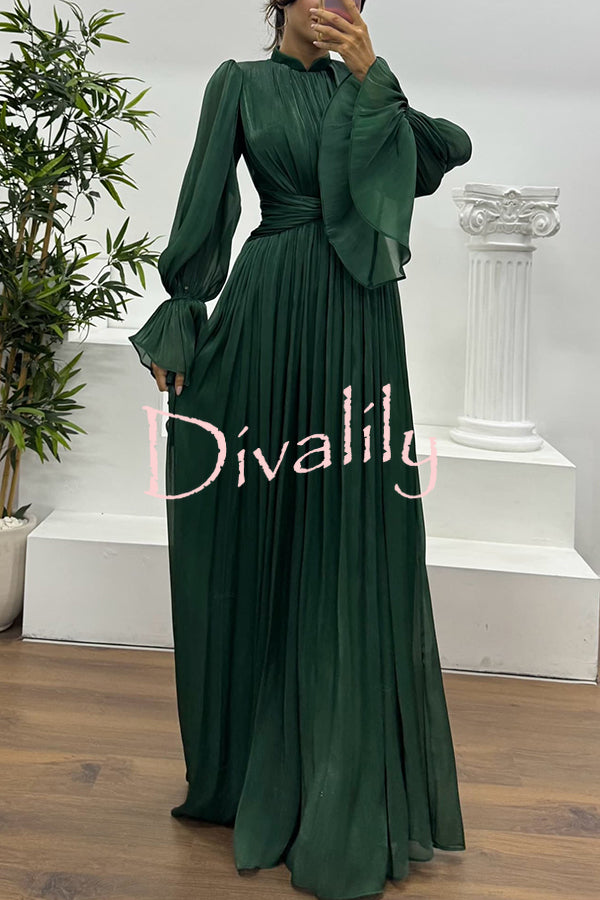 Ellah Shiny Fabric Chinese Stand Collar Twist Waist Balloon Sleeve Maxi Dress