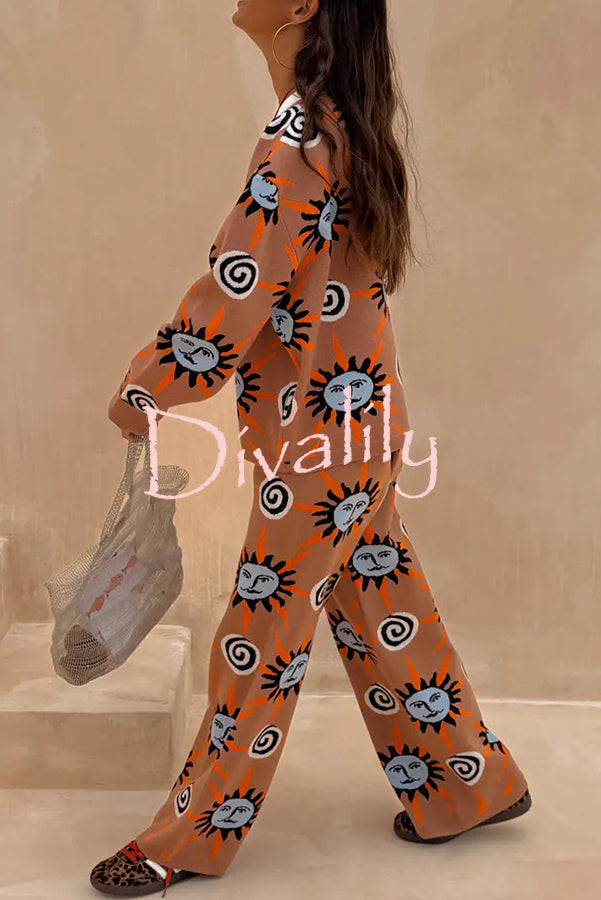 Mediterranean Art Knit Unique Sun Vortex Print Long Sleeve Relaxed Sweater