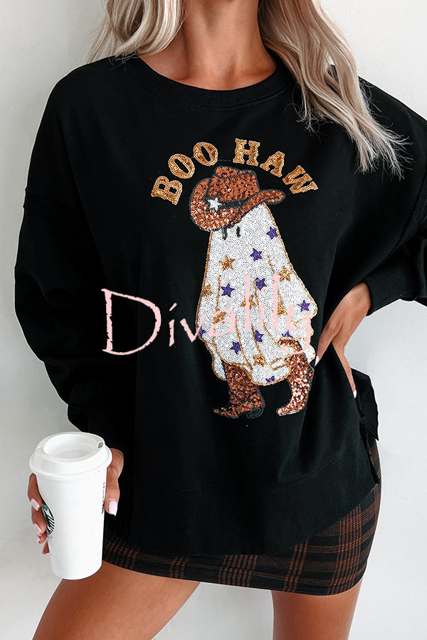 Halloween Ghost Sequin Print Casual Loose Sweatshirt