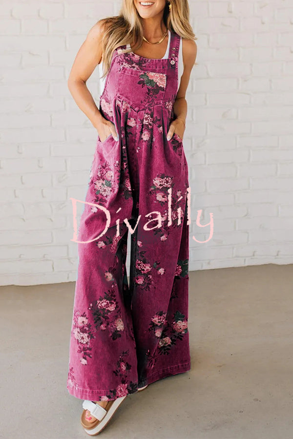 Fashion Floral Print Casual Button Pocket Loose Denim Overalls