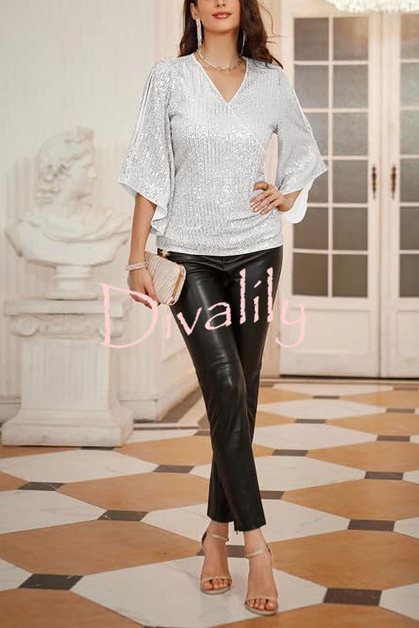 Solid Color Sequined V-neck Hollow Sleeve Slim Fit Top