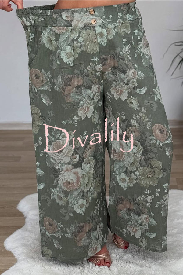Linen Blend Crew Neck Long Sleeve Irregular Loose Top and Elastic Waist Floral Print Casual Pocket Set