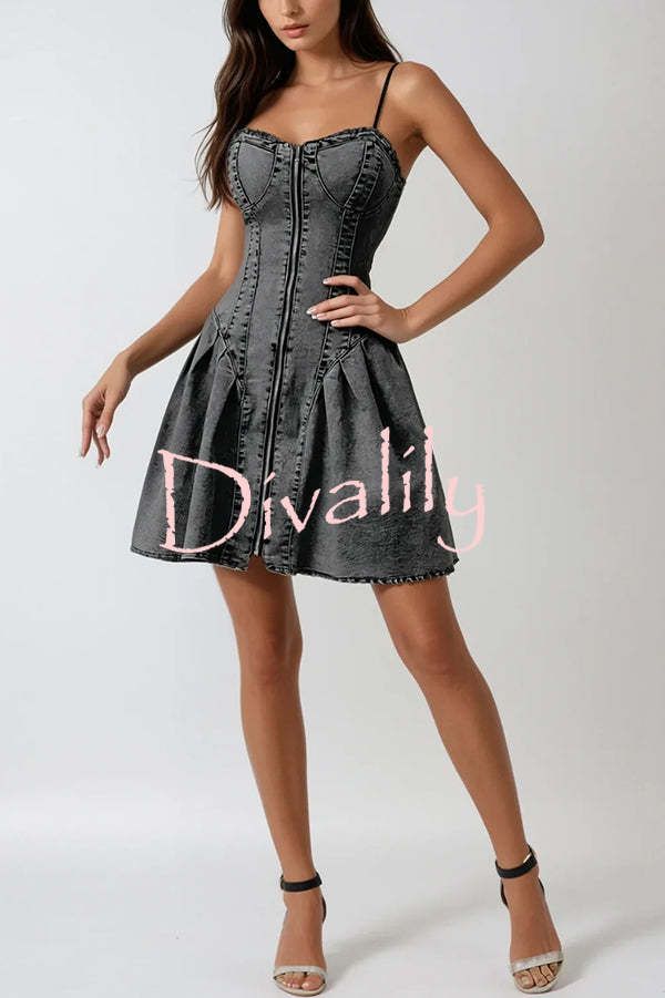 Fashionable Patchwork Suspender Zipper Slim Denim Mini Dress