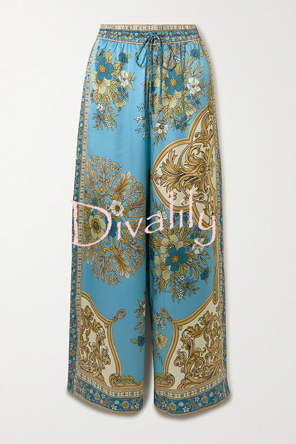 Satin Floral Print Loose Shirt and Elastic Waist Pocket Casual Wide-leg Pants
