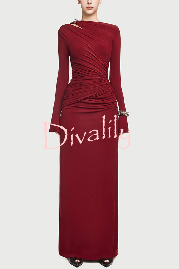 Stylish Long-sleeved Slim-fit Pleated Elegant Maxi Dress