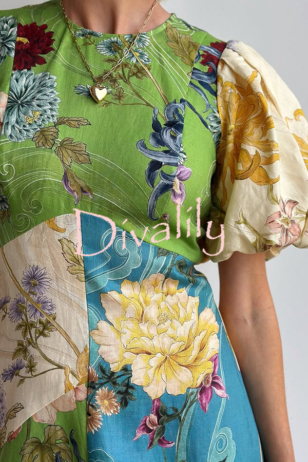 Floral Print Round Neck Puff Sleeve Casual Midi Dress