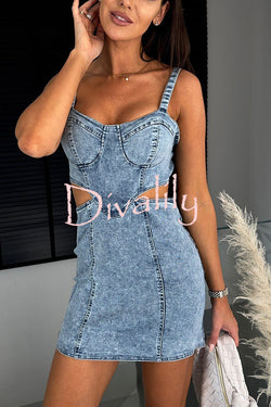 Picilo Denim Sweetheart Neck Cutout Waist Stretch Mini Dress