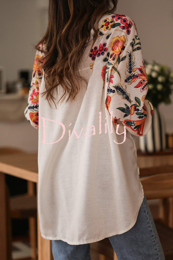Botanical Print Loose Lapel Long Sleeve Casual Shirt