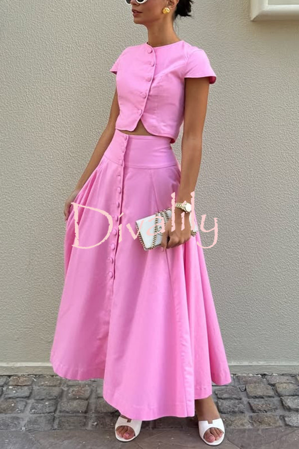 Solid Color Round Neck Button Crop Top and Elegant High Waist Slit Maxi Skirt Set
